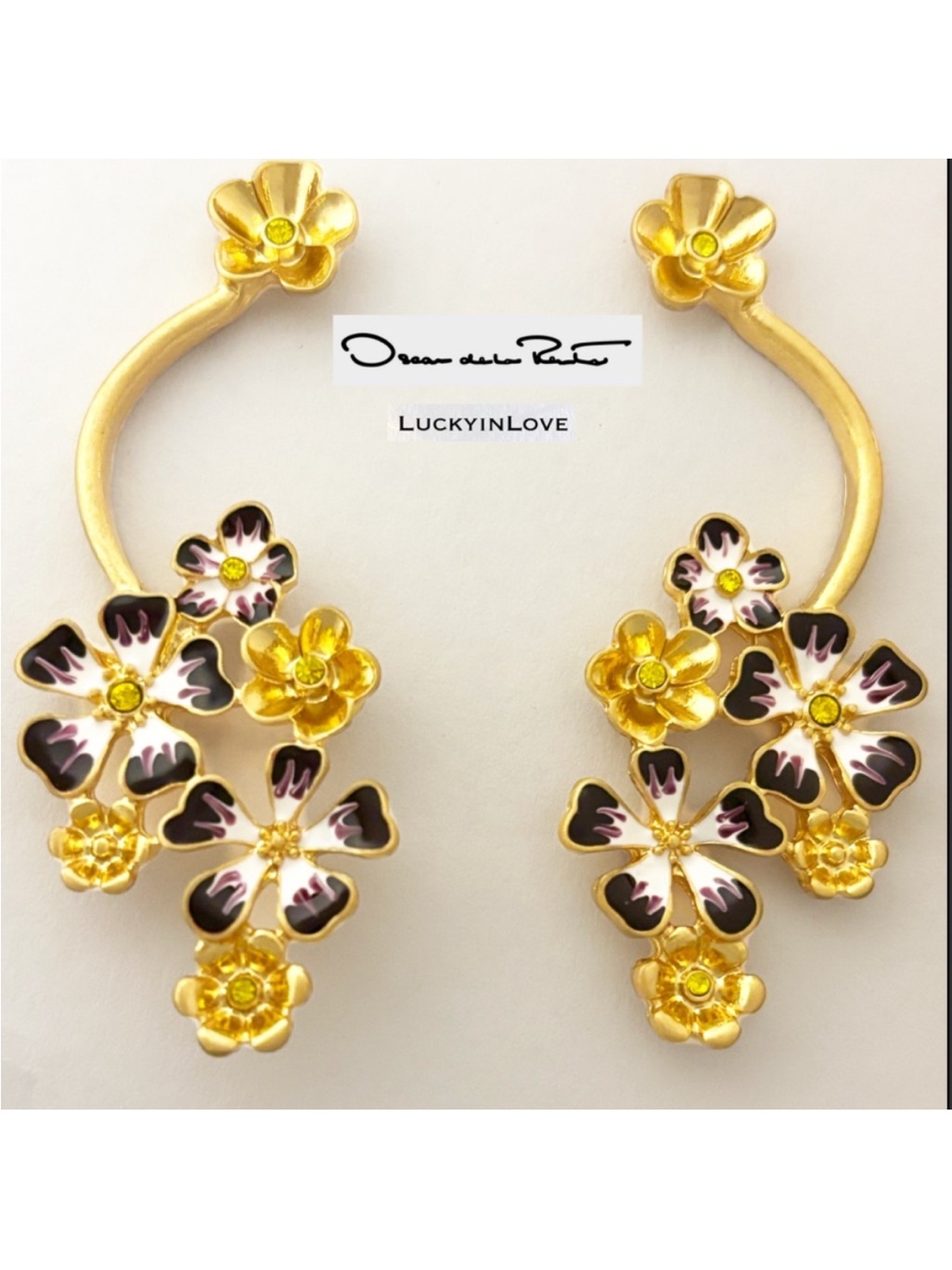 Oscar De La Renta Flower Cluster Earrings Purple Enamel Gold Post Drop